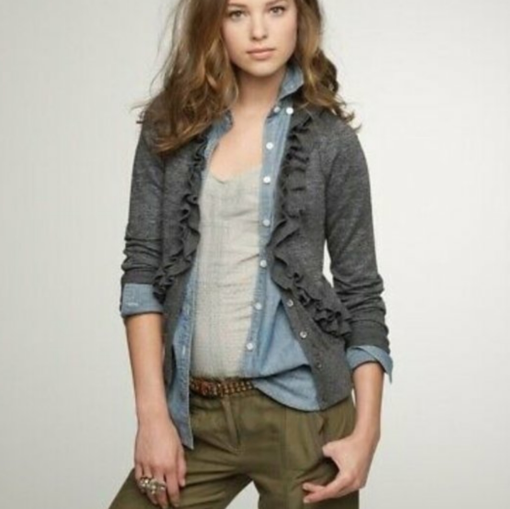 J.CREW MERINO WOOL BLEND RUFFLE  TRIM CARDIGAN XS